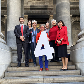 VAD supporters, media personality Lainie Anderson, ANMF (SA Branch) Director, Operations & Strategy Rob Bonner, Frances Combe, Liz Habermann and Anne Bunning, flanked by VAD Bill proponents Kyam Maher and Susan Close, celebrate SA becoming the fourth state to legalise VAD.